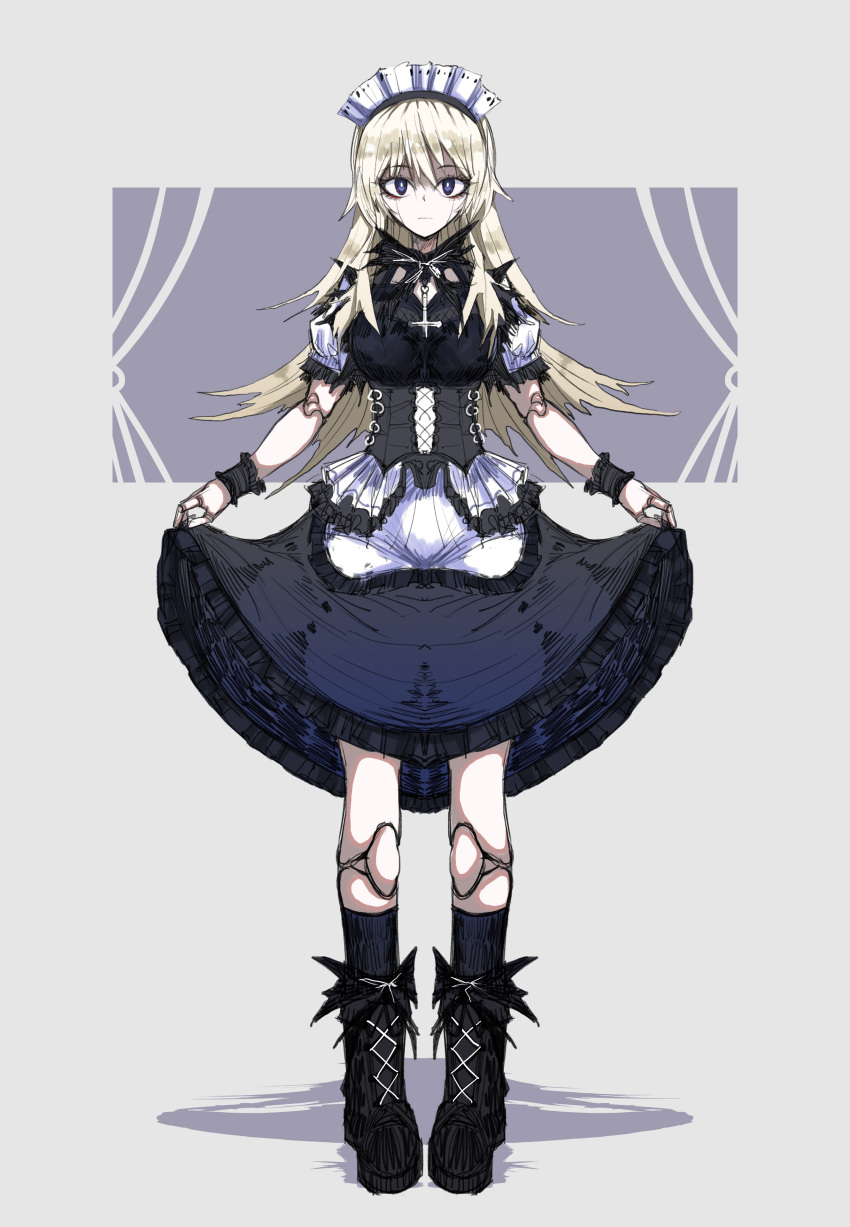 1girl, absurdres, alice_(black_souls), black_dress, black_footwear, black_socks, black_souls, blonde_hair