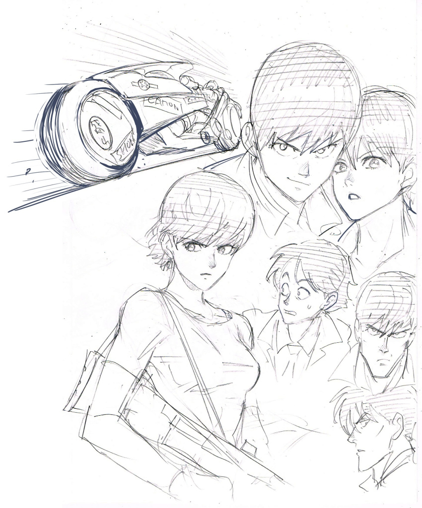 >:(, 1girl, 3boys, akira, breasts, closed_mouth, collarbone, driving