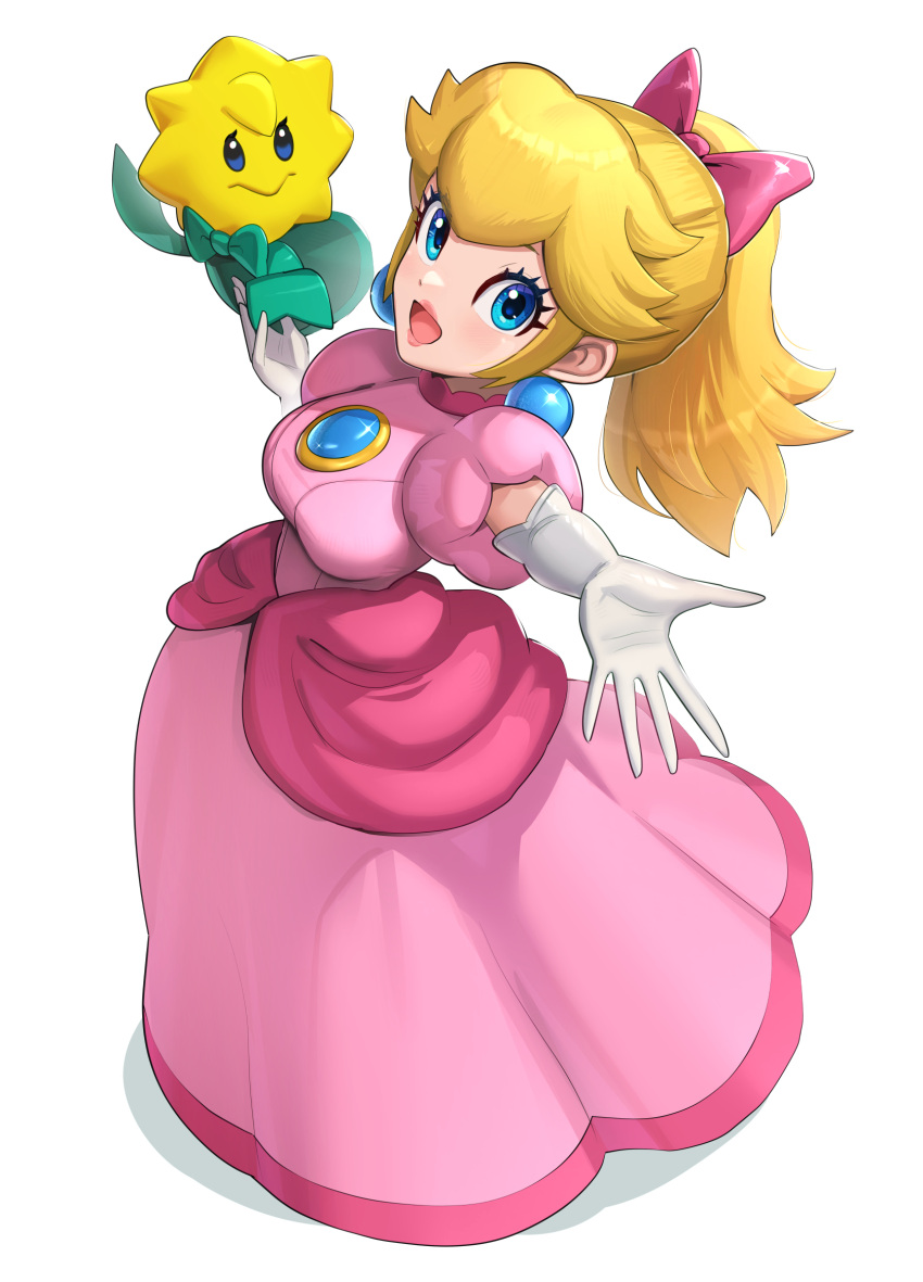 1girl, blonde_hair, blue_eyes, bow, breasts, dress, earrings, elbow_gloves