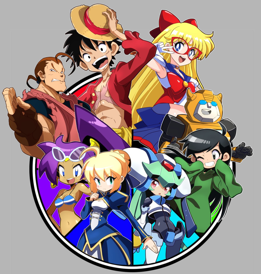 3boys, 5girls, ahoge, android, aqua_hair, armpits, artoria_pendragon_(fate), autobot