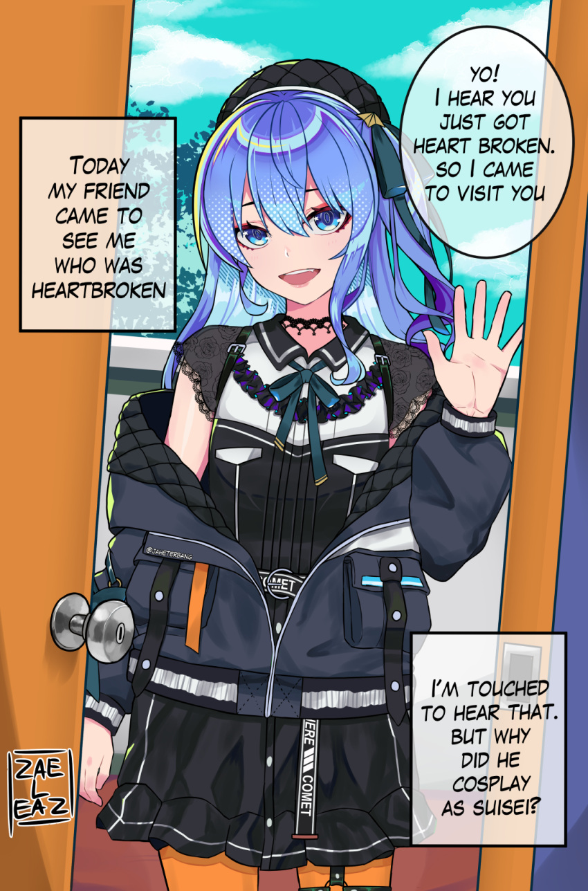 1boy, beret, blue_eyes, blue_hair, cosplay, crossdressing, english_text, hair_between_eyes