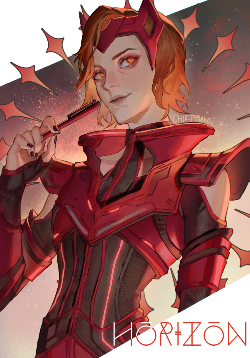 1girl, apex_legends, armor, black_bodysuit, black_nails, bodysuit, breastplate, character_name