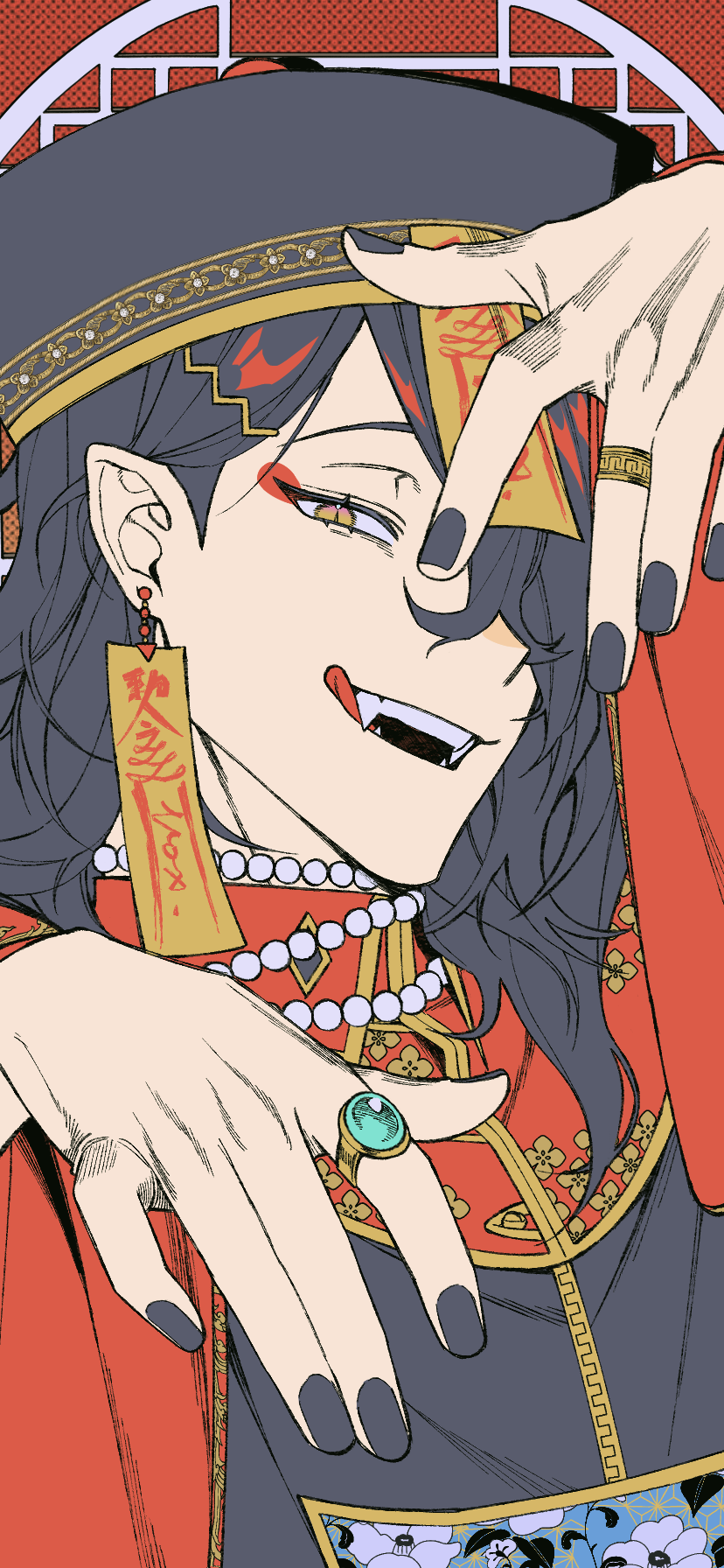 1boy, arm_up, babyseven_77, bead_choker, beads, black_hair, black_nails, chinese_clothes