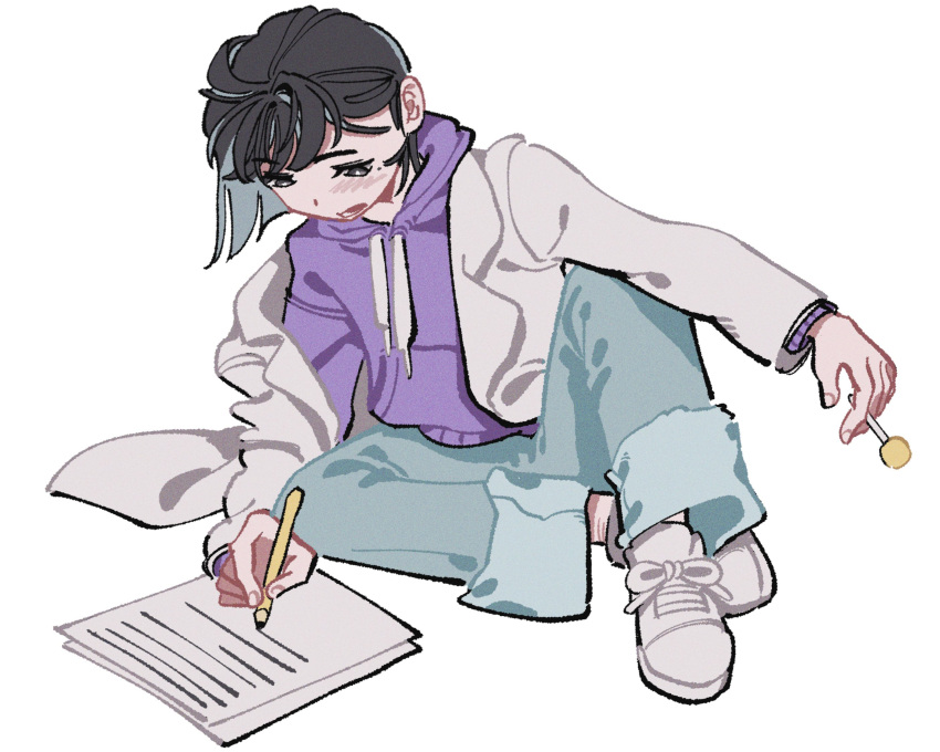1girl, black_eyes, black_hair, blue_pants, candy, drawstring, food, full_body