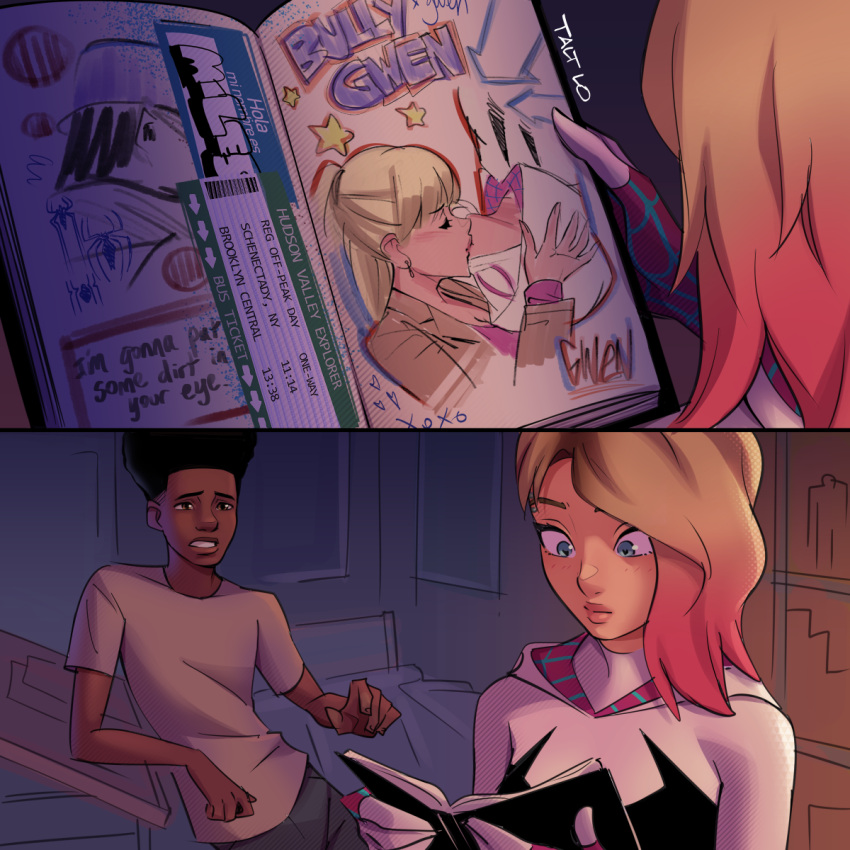 1boy, 1girl, artist_name, black_hair, blonde_hair, blue_eyes, bodysuit, dark-skinned_male
