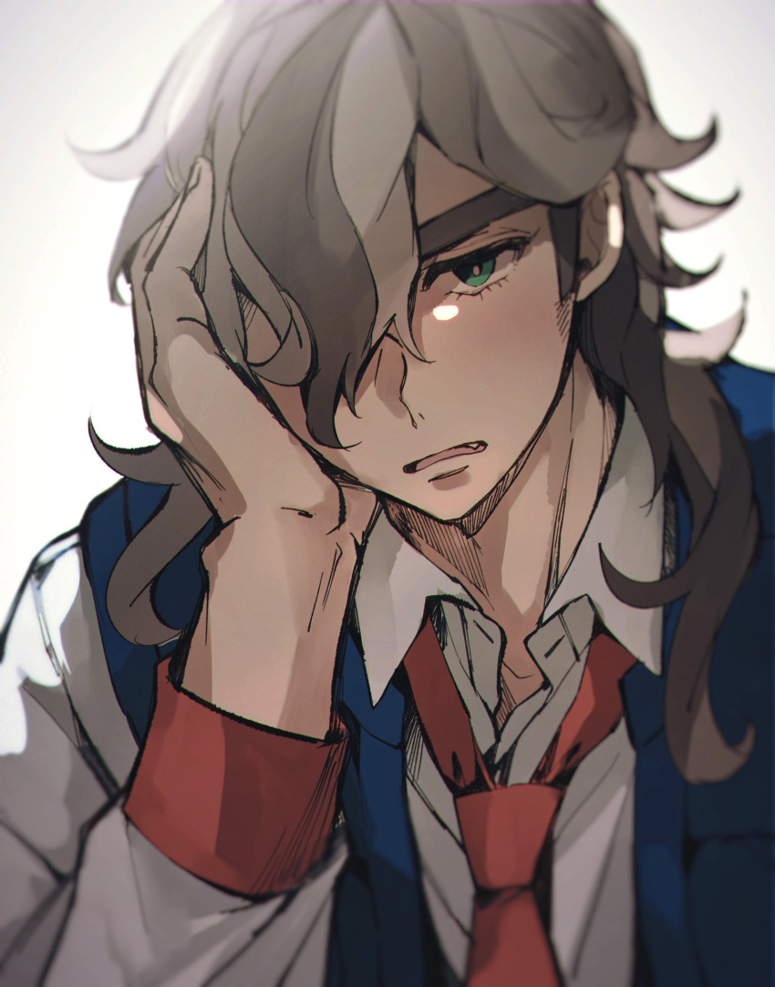 1boy, arven_(pokemon), blue_vest, brown_hair, collared_shirt, eyelashes, fang, green_eyes