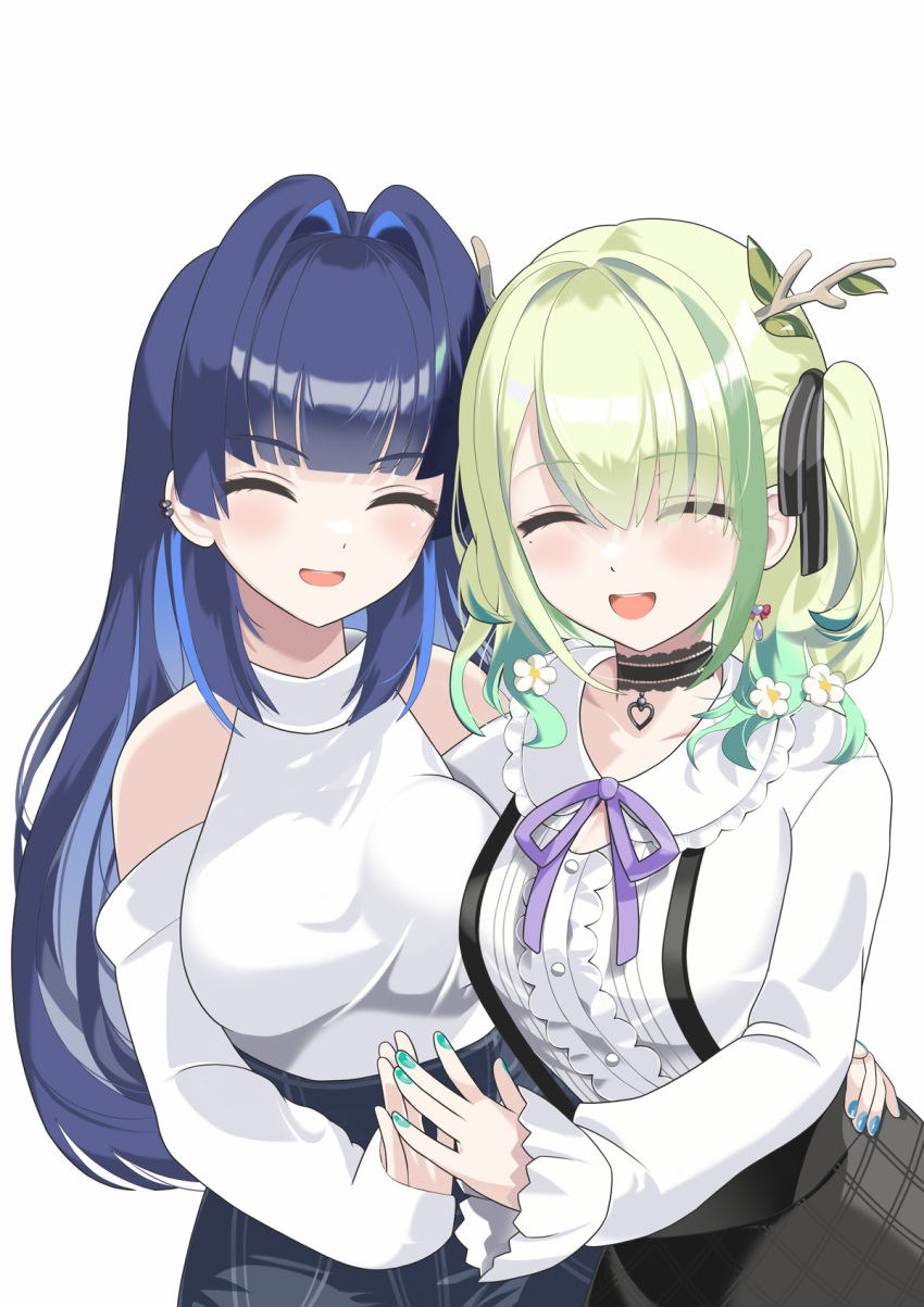 2girls, antlers, arm_around_waist, bare_shoulders, blue_hair, blunt_bangs, branch, breasts