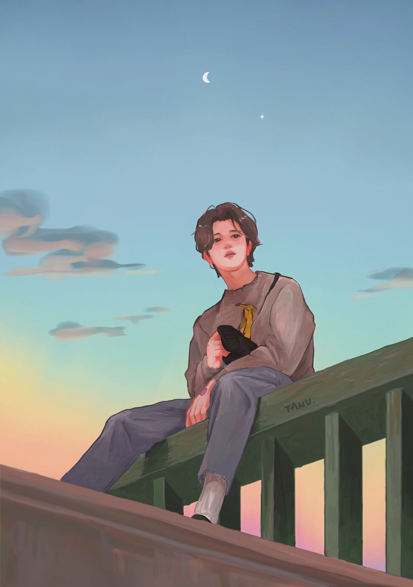 1boy, beanie, brown_hair, clouds, crescent_moon, hat, highres, jimin_(bts), looking_to_the_side, moon, pants, real_life, sitting, solo, sweater, tanu_chim