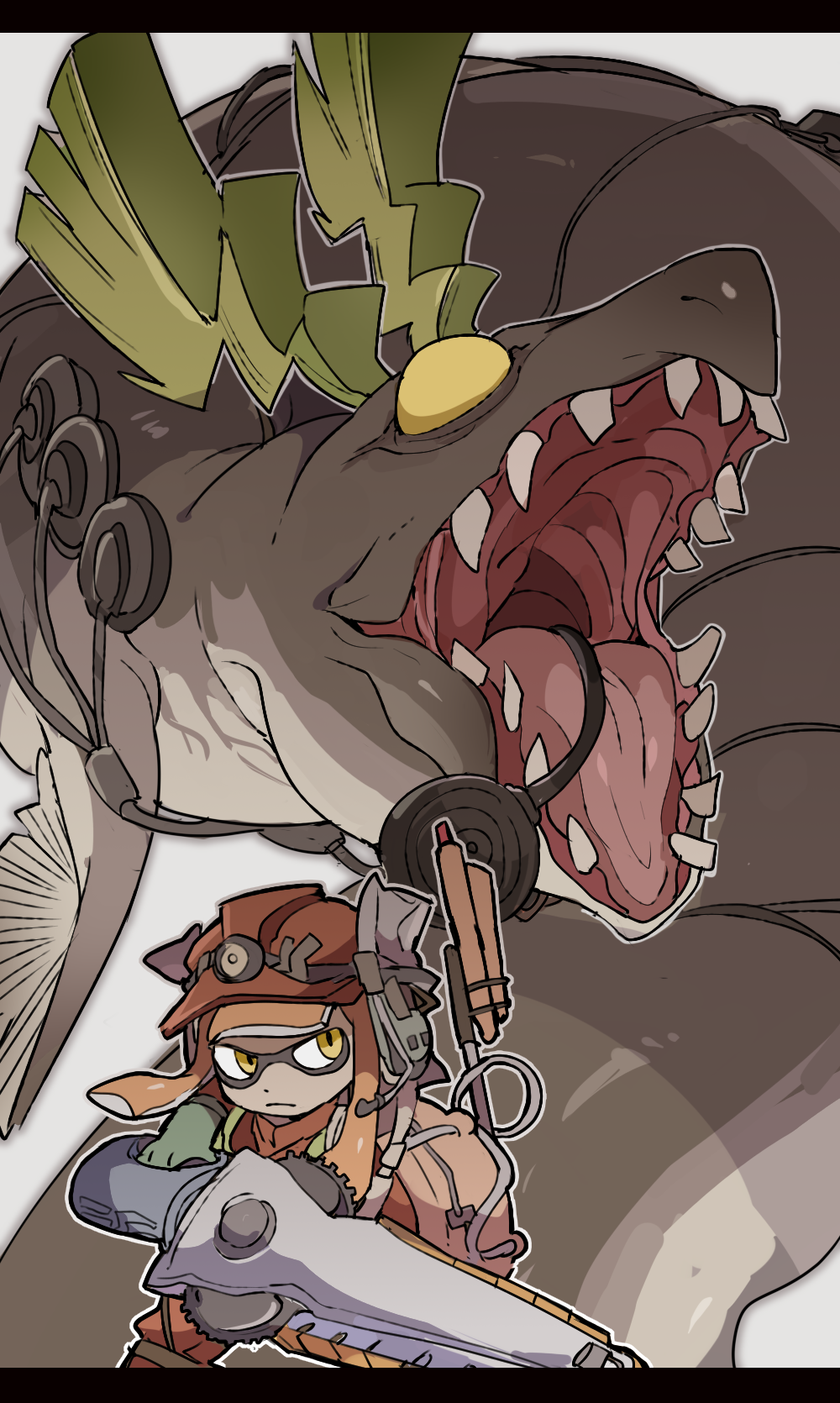 blunt_bangs, bulging_eyes, cable, closed_mouth, commentary_request, earpiece, eel, electrodes