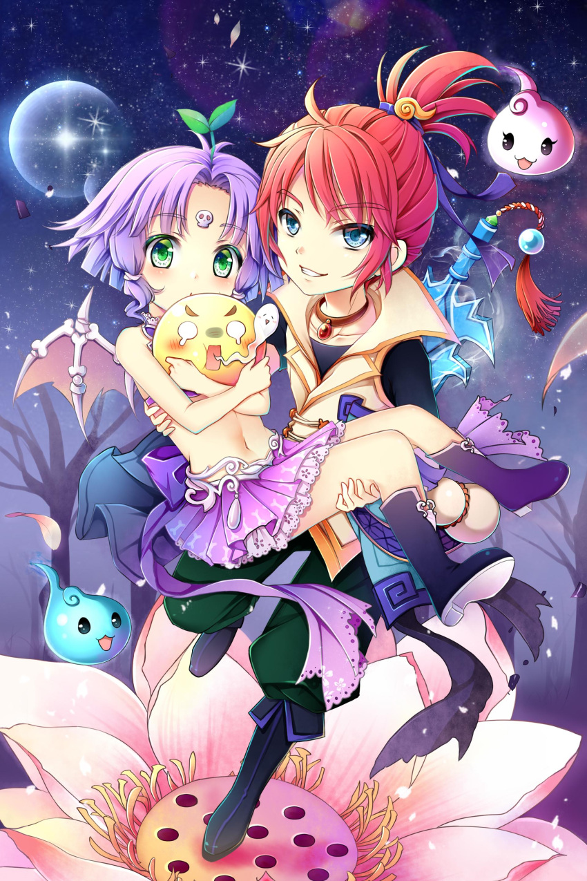 1boy, 1girl, absurdres, bare_tree, black_shirt, blue_eyes, boots, carrying, crop_top, facial_mark, flower, forehead_mark, full_body, ghost, giving_up_the_ghost, green_eyes, green_pants, grin, gu_jingling, gyaza, hair_intakes, high_ponytail, highres, holding, jewelry, jian_xiake, knee_boots, lace-trimmed_skirt, lace_trim, lens_flare, lens_flare_abuse, lotus, menghuan_xi_you, miniskirt, navel, necklace, on_flower, pants, pants_tucked_in, parted_bangs, princess_carry, purple_footwear, purple_hair, purple_skirt, purple_tank_top, redhead, shirt, short_hair, skeletal_wings, skirt, skull_ornament, sky, smile, standing, standing_on_one_leg, star_(sky), starry_sky, stomach, sword, tank_top, tree, vest, weapon, weapon_on_back, wings, yellow_vest
