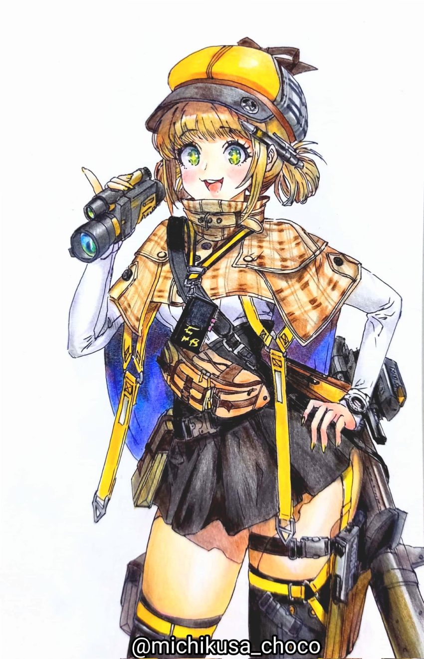 +_+, 1girl, bag, black_skirt, blush, breasts, camera, capelet