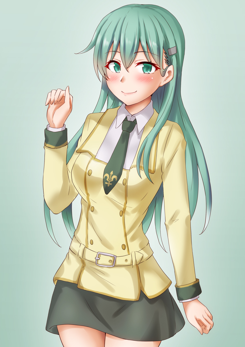 1girl, alternate_costume, anti_(untea9), aqua_eyes, aqua_hair, ashford_academy_school_uniform, black_skirt, blazer