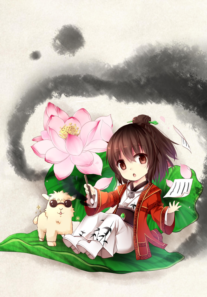 1boy, :o, absurdres, alpaca, bamboo_print, brown_eyes, brown_hair, chibi
