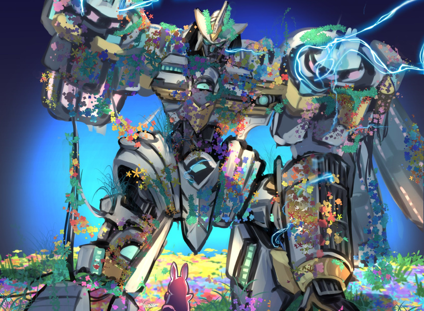 animal, arm_up, divine_arsenal_aa-zeus_-_sky_thunder, duel_monster, electricity, flower, flower_bed, highres