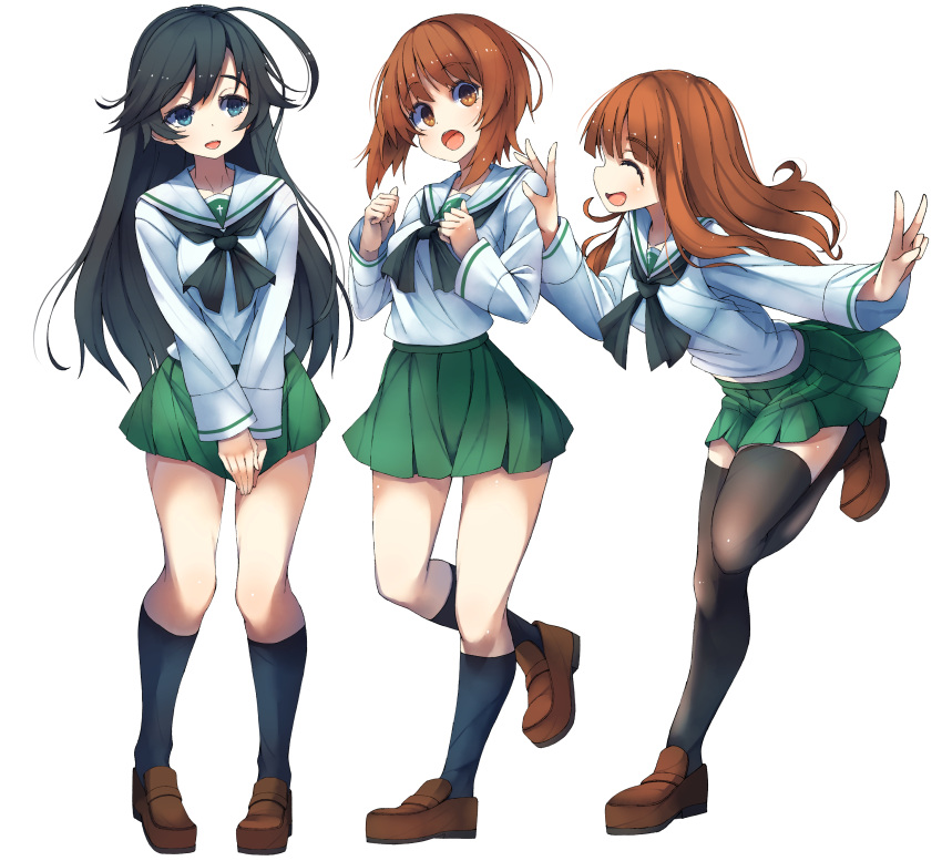 3girls, absurdres, ahoge, black_hair, blunt_bangs, brown_eyes, brown_hair, girls_und_panzer, highres, isuzu_hana, long_hair, long_sleeves, multiple_girls, nishizumi_miho, ooarai_school_uniform, open_mouth, orange_hair, pleated_skirt, sattinittas, school_uniform, serafuku, shirt, short_hair, simple_background, skirt, smile, standing, takebe_saori, thigh-highs, white_background