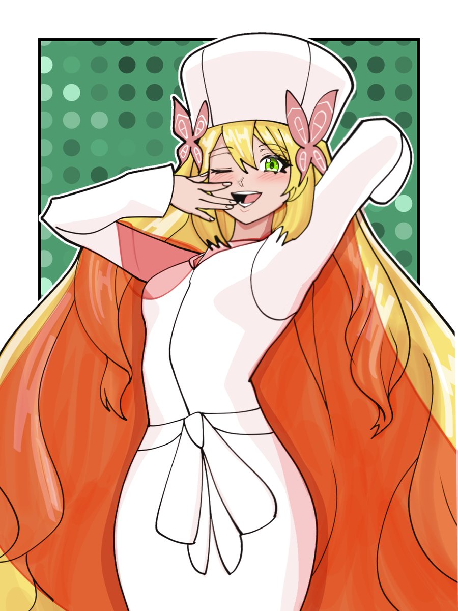1girl, blonde_hair, butterfly_hair_ornament, caitlin_(pokemon), caitlin_(pokemon)_(cosplay), celine_(fire_emblem), cosplay, dress, fire_emblem, fire_emblem_engage, green_eyes, hair_between_eyes, hair_ornament, hat, highres, long_hair, long_sleeves, looking_at_viewer, mnejing30, one_eye_closed, pokemon, pokemon_(game), pokemon_bw, solo, teeth, very_long_hair, white_dress, white_headwear