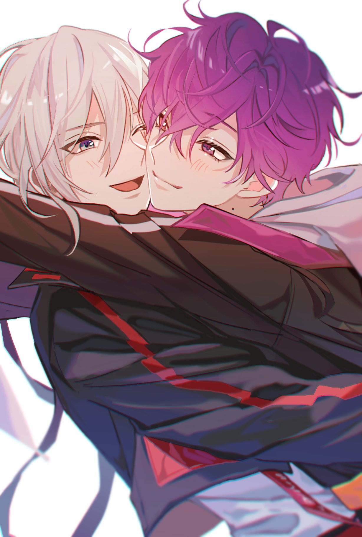 2boys, ;d, black_jacket, black_ribbon, blush, closed_mouth, collared_jacket, commentary_request