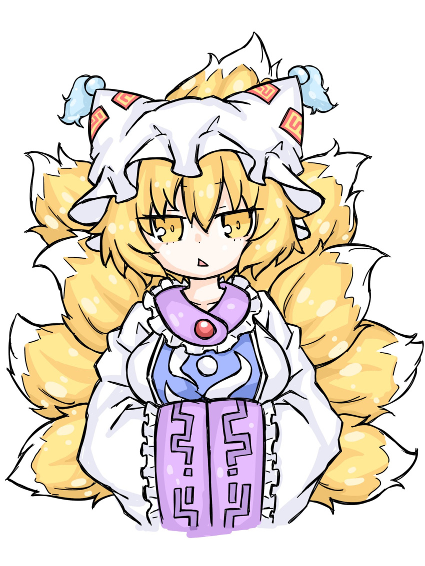 1girl, blonde_hair, commentary, fox_tail, fumomono, hat, highres, kitsune