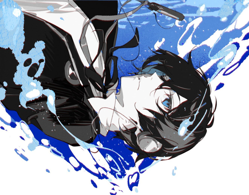 1boy, black_hair, black_jacket, black_ribbon, blue_eyes, bubble, cable, closed_mouth, collared_shirt, gekkoukan_high_school_uniform, hair_between_eyes, headphones, jacket, looking_at_viewer, male_focus, neck_ribbon, open_clothes, open_jacket, persona, persona_3, persona_3_reload, ribbon, school_uniform, shirt, short_hair, solo, spot_color, water, white_background, white_shirt, xing_20, yuuki_makoto