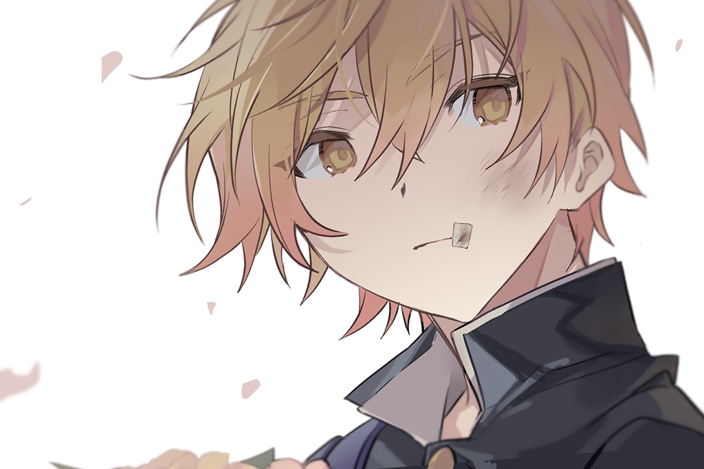 1boy, aged_down, averting_eyes, bandaid, bandaid_on_face, black_jacket, buttons, closed_mouth