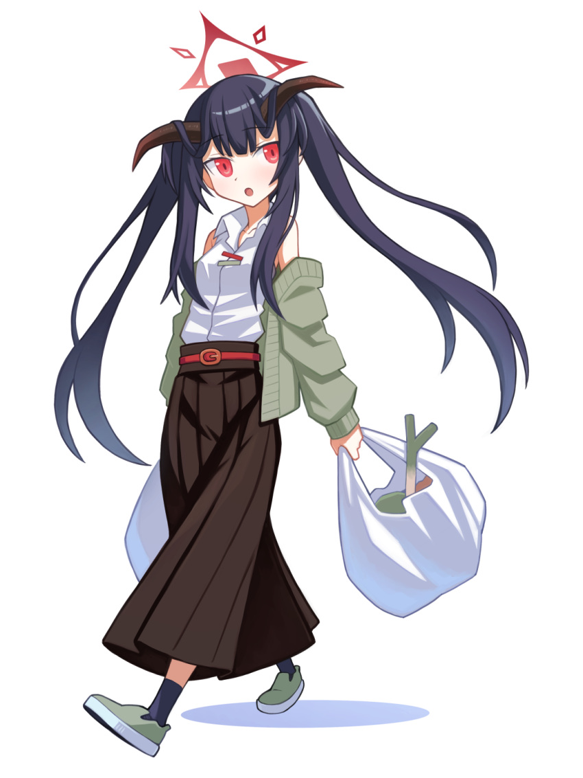 1girl, bag, belt, black_hair, black_socks, blue_archive, brown_skirt, fuuka_(blue_archive)