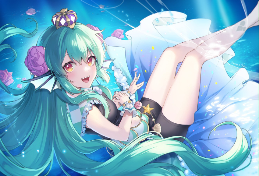 1girl, aqua_skirt, bike_shorts, birthday, black_shorts, blue_skirt, blush, breasts