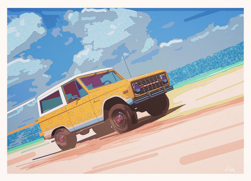 beach, blue_sky, border, clouds, cloudy_sky, day, dora_(dr3032), dutch_angle, ford_bronco, grey_border, highres, motor_vehicle, no_humans, original, outdoors, sand, shadow, signature, sky, sports_utility_vehicle, vehicle_focus, yellow_car