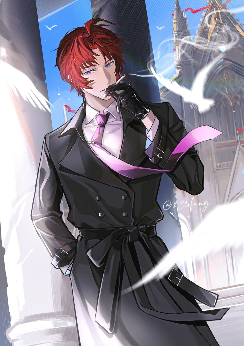 1boy, 23cifang, ahoge, black_coat, black_gloves, blue_eyes, bungou_stray_dogs, cigarette, coat, collared_shirt, cowboy_shot, day, gloves, hand_in_pocket, hand_up, highres, holding, holding_cigarette, long_sleeves, male_focus, necktie, oda_sakunosuke_(bungou_stray_dogs), parted_lips, purple_necktie, redhead, shirt, short_hair, smoke, smoking, solo, standing, twitter_username, white_shirt