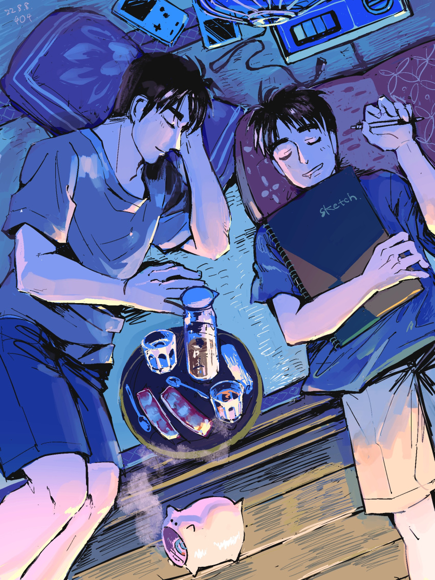 2boys, black_hair, black_shorts, brothers, closed_eyes, closed_mouth, commentary_request, cup, dated, electric_fan, feet_out_of_frame, game_boy, game_boy_(original), game_link_cable, grey_shirt, handheld_game_console, highres, holding, holding_pencil, holding_sketchbook, joukyou_seikatsuroku_ichijou, kaiji, kayari_buta, male_focus, medium_bangs, mosquito_coil, multiple_boys, murakami_itsuki, murakami_tamotsu, open_mouth, pencil, pillow, shirt, short_hair, shorts, siblings, sketchbook, sleeping, smile, smoke, spoon, tatami, tray, unknown03162, white_shorts