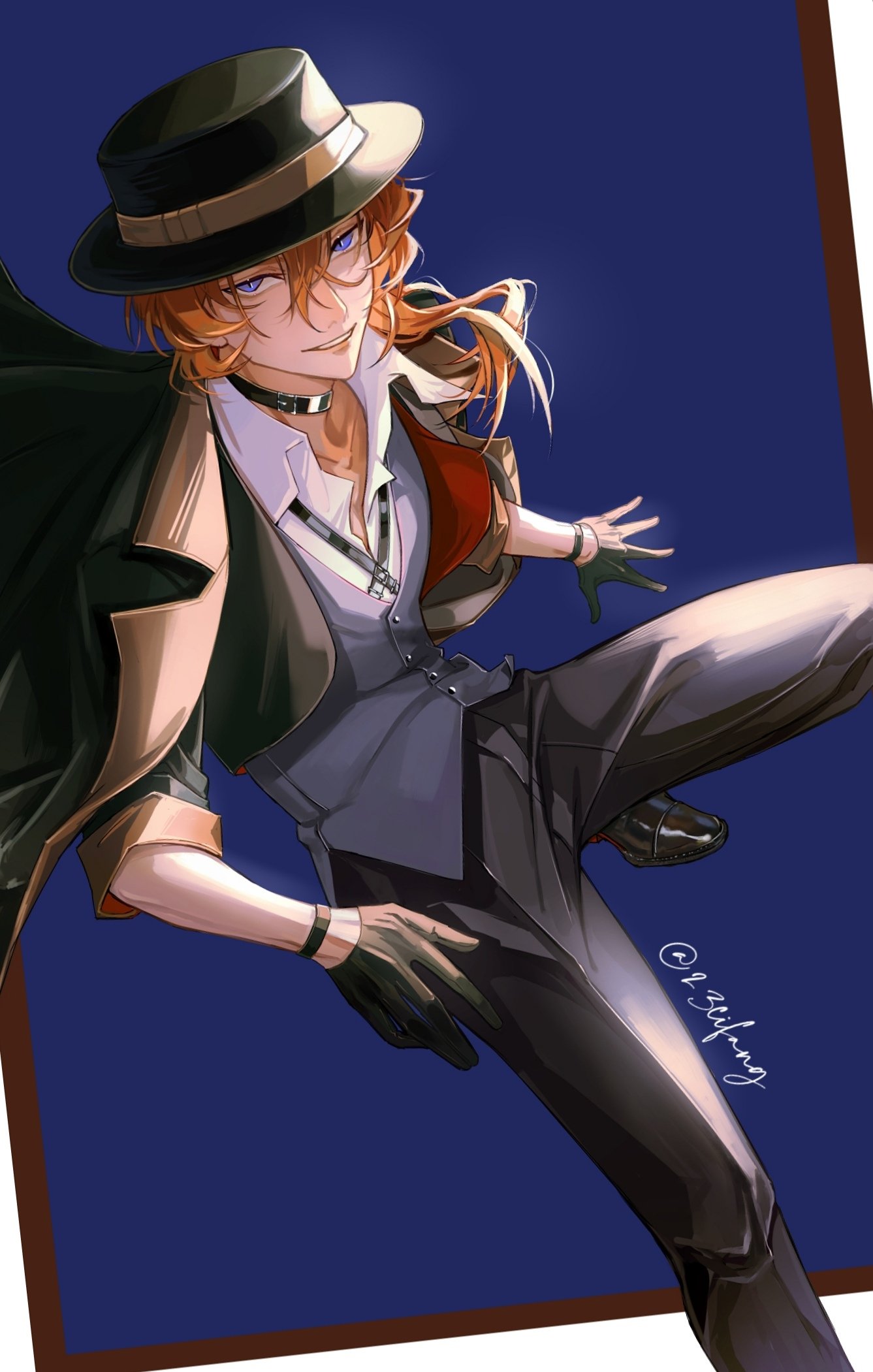 1boy, 23cifang, black_choker, black_footwear, black_gloves, black_headwear, black_jacket, black_pants, blue_background, blue_eyes, bungou_stray_dogs, choker, collared_shirt, cowboy_shot, gloves, grey_vest, hat, highres, jacket, jacket_on_shoulders, long_hair, looking_at_viewer, male_focus, nakahara_chuuya, orange_hair, pants, parted_lips, partially_unbuttoned, shirt, shoes, smile, solo, tsurime, twitter_username, vest, white_shirt
