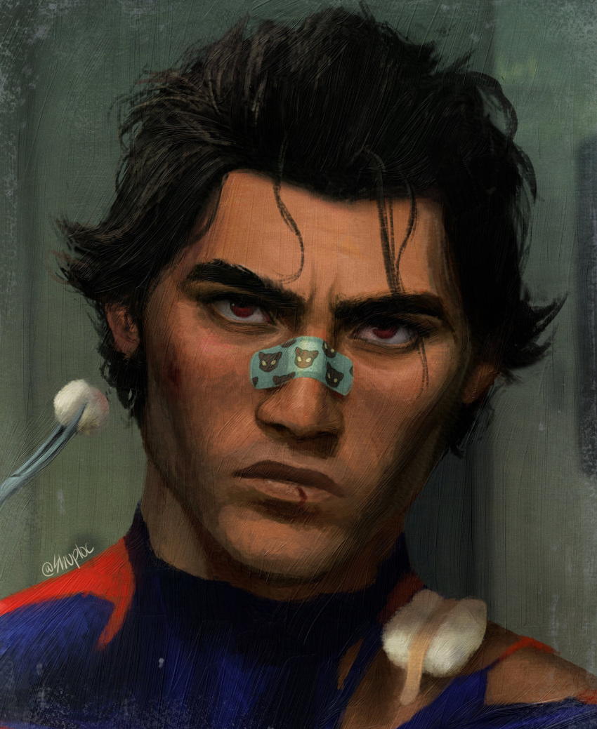 1boy, absurdres, bandages, bandaid, bandaid_on_face, bandaid_on_nose, bodysuit, brown_hair