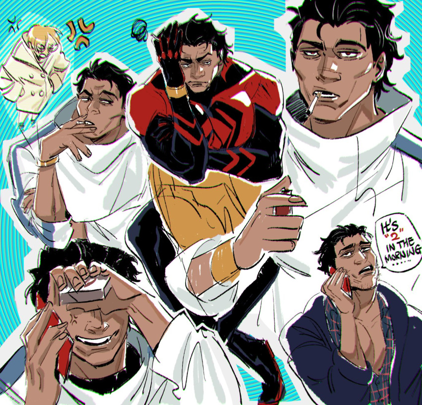 anger_vein, brown_hair, casual, cellphone, cheekbones, cigarette, dark-skinned_male, dark_skin
