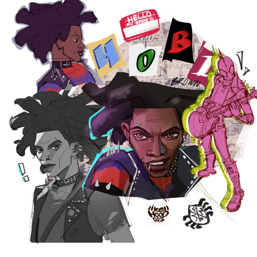 black_hair, bodysuit, collar, dark-skinned_male, dark_skin, earrings, eyebrow_piercing, guitar