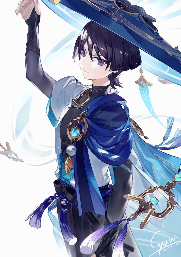 1boy, arm_up, armor, black_hair, closed_mouth, cyami316, dated, genshin_impact, hair_between_eyes, hat, japanese_armor, japanese_clothes, jingasa, kote, kurokote, looking_at_viewer, male_focus, mandarin_collar, scaramouche_(genshin_impact), signature, simple_background, solo, tassel, violet_eyes, vision_(genshin_impact), wanderer_(genshin_impact), white_background