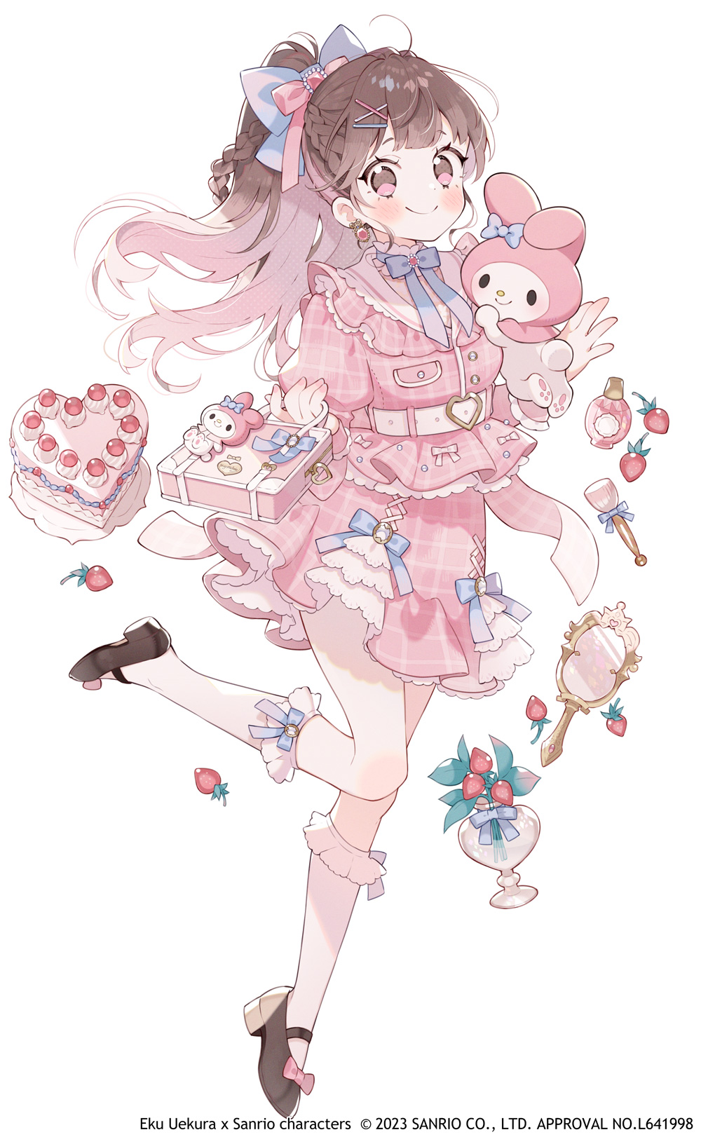1girl, artist_name, bag, bag_charm, belt, black_footwear, blush, bottle