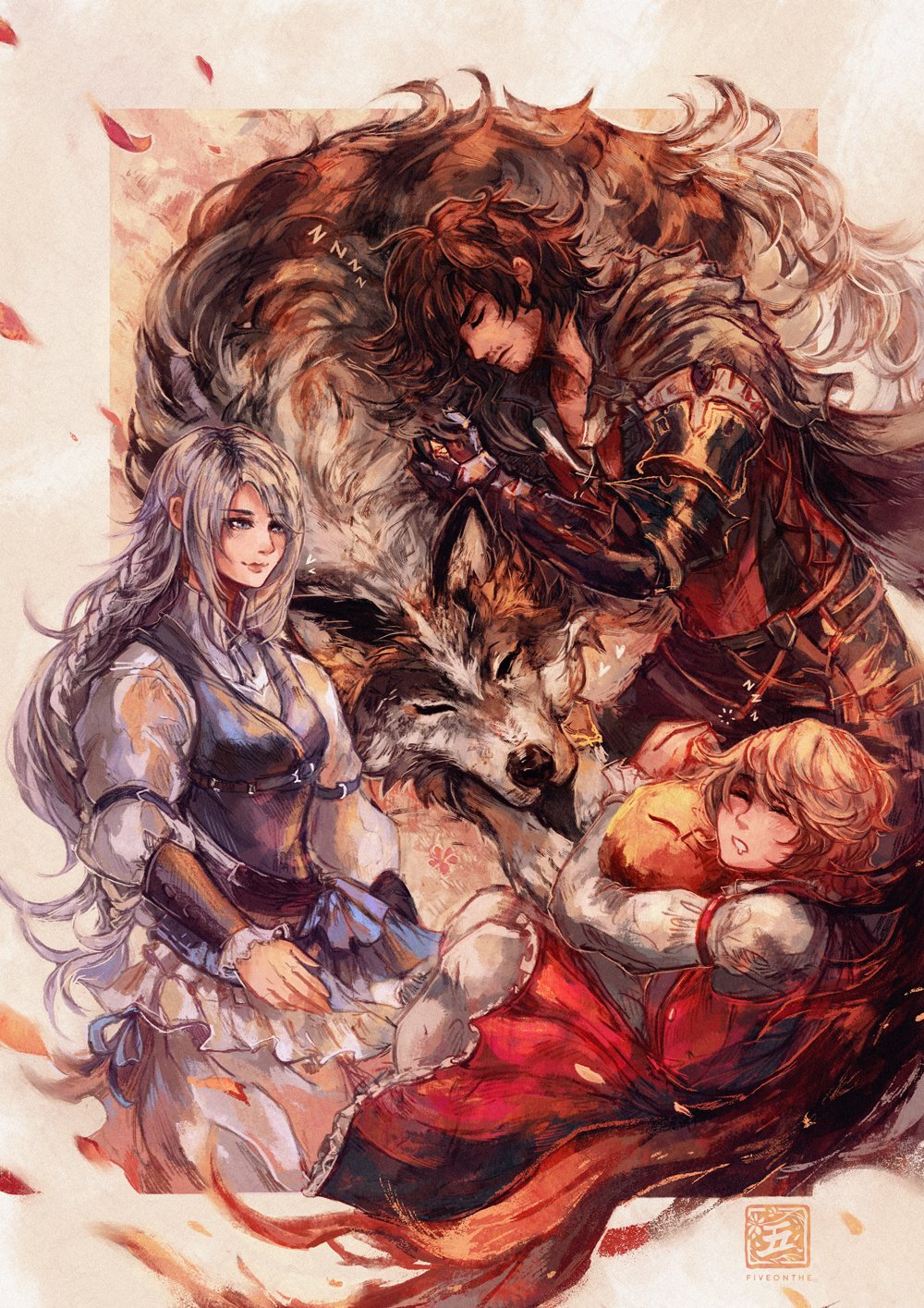 1girl, 2boys, animal, beard_stubble, black_hair, blonde_hair, blue_vest, braid