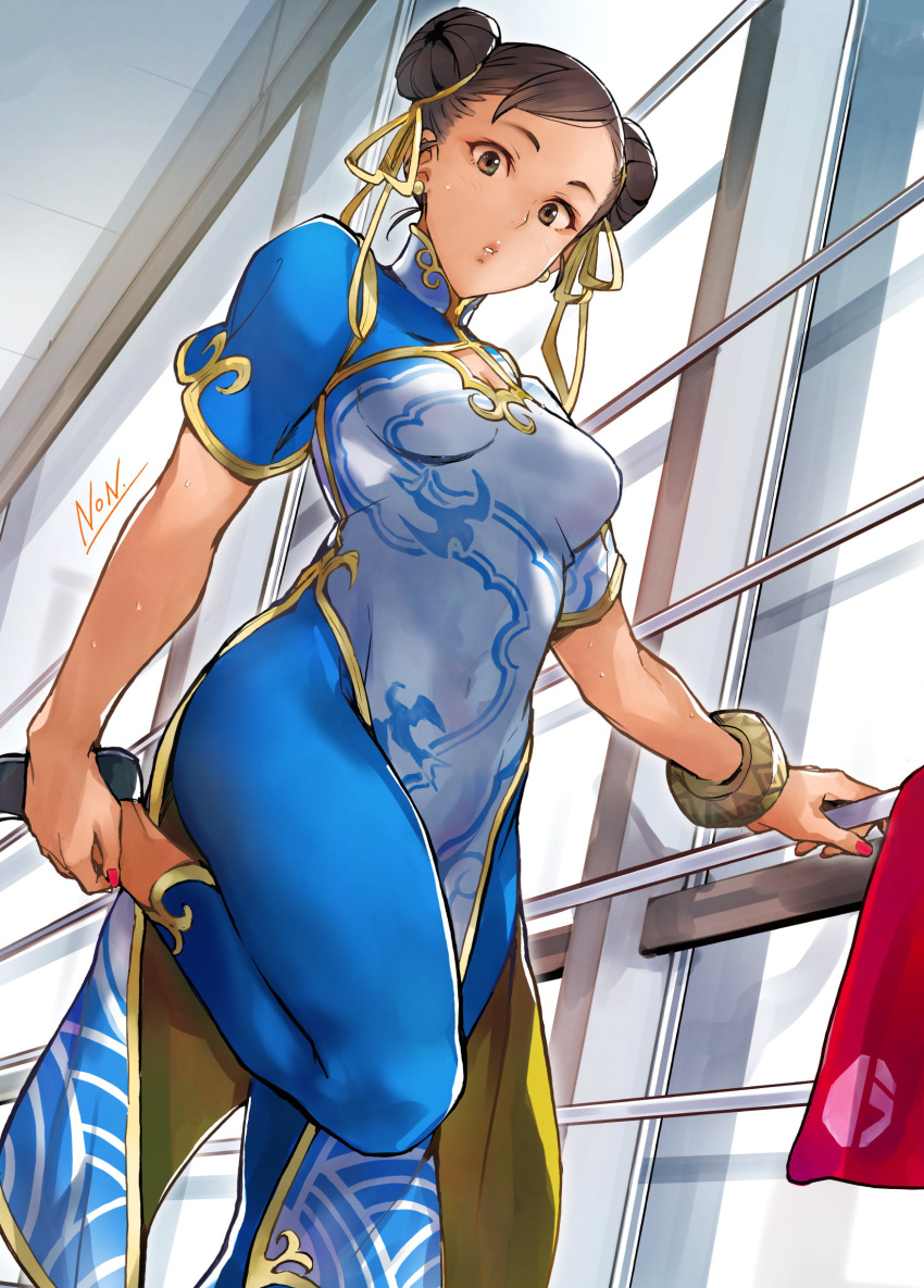 absurdres, black_hair, blue_dress, bracelet, breasts, china_dress, chinese_clothes, chun-li