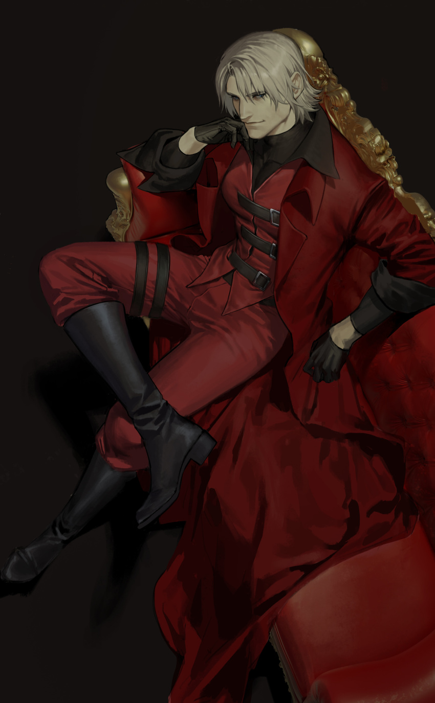 1boy, absurdres, black_background, black_footwear, black_gloves, black_shirt, blue_eyes, boots, closed_mouth, coat, couch, dante_(devil_may_cry), devil_may_cry_(series), devil_may_cry_1, gloves, head_rest, highres, long_sleeves, male_focus, maozhu, pants, red_coat, red_pants, red_vest, shirt, short_hair, simple_background, sleeves_rolled_up, smile, solo, vest, white_hair