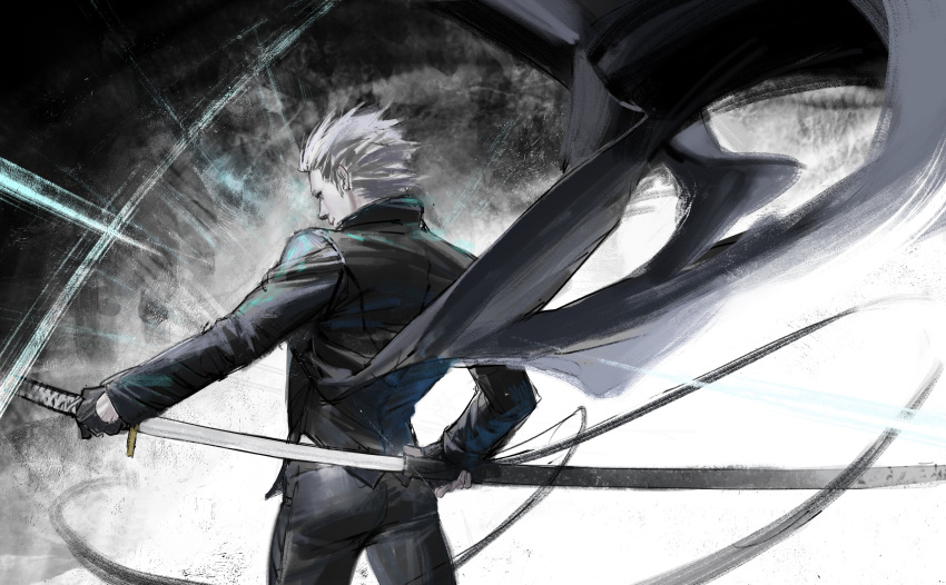 1boy, absurdres, ass, black_background, black_coat, black_gloves, black_pants, closed_mouth