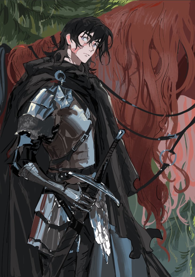 1boy, armor, atie1225, black_hair, cape, fantasy, horse, keith_(voltron)