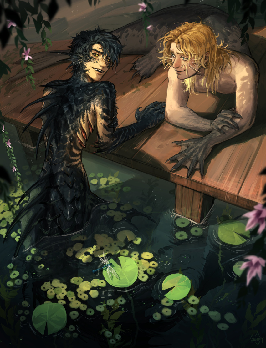 2boys, absurdres, animal, black_hair, black_scales, blonde_hair, bridge, bug