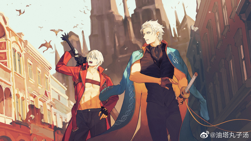 2boys, abs, black_gloves, black_pants, black_shirt, black_vest, blue_coat, blue_eyes