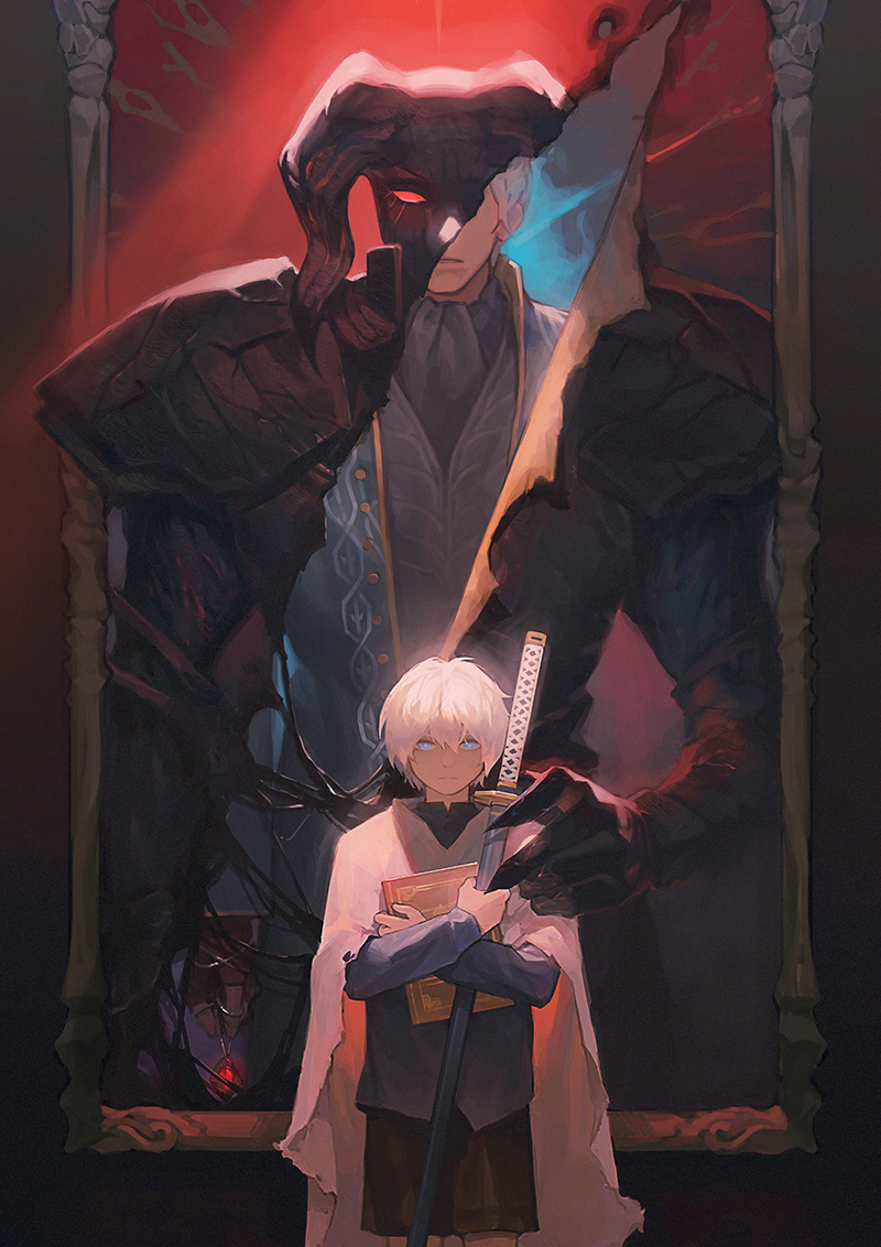 1boy, age_comparison, armor, black_shirt, black_shorts, black_vest, blue_coat, blue_eyes