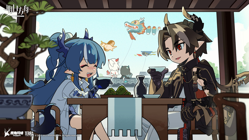 2boys, 3girls, arknights, black_hair, blue_hair, bottle, chong_yue_(arknights), doctor_(arknights)