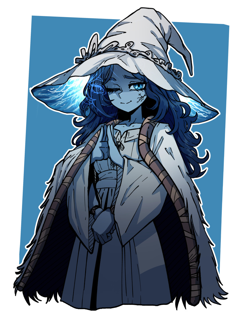 1girl, absurdres, blue_eyes, blue_hair, blue_skin, blue_theme, breasts, cloak, collarbone, colored_skin, cracked_skin, dress, elden_ring, english_commentary, extra_arms, extra_faces, fur-trimmed_cloak, fur_trim, hat_ornament, highres, large_hat, long_hair, long_sleeves, looking_at_viewer, one_eye_closed, own_hands_together, raised_eyebrow, ranni_the_witch, simple_background, small_breasts, smile, solo, wavy_hair, white_cloak, white_dress, white_headwear, whitedogstudios, wide_sleeves
