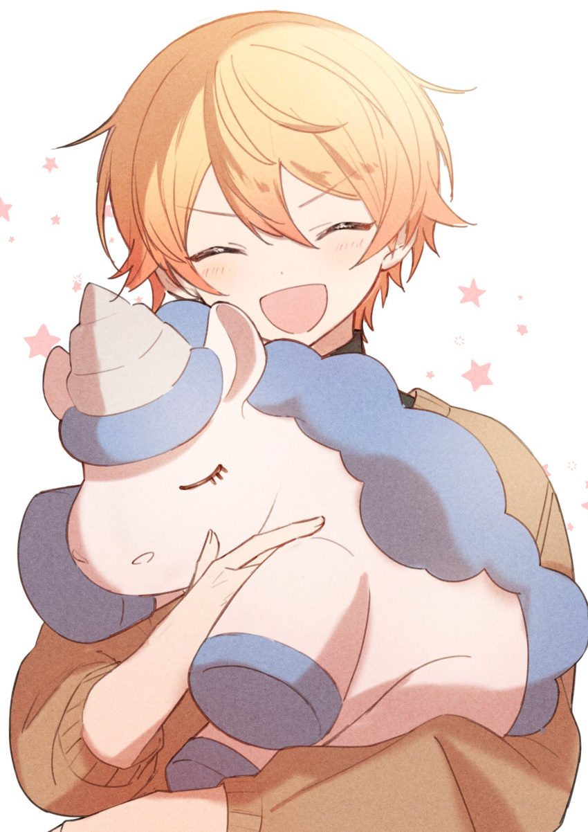 1boy, :d, ^_^, blonde_hair, blush, brown_sweater, closed_eyes, commentary
