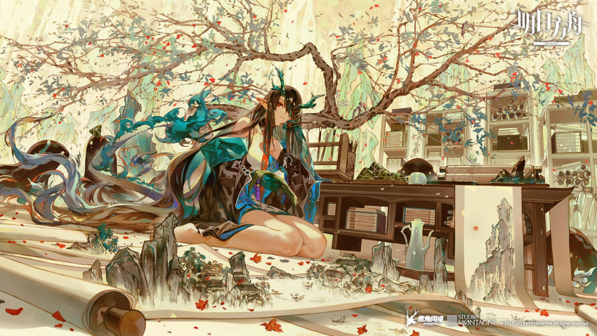 1girl, arknights, bitey_(arknights), black_hair, calligraphy_brush, chinese_commentary, commentary_request, cup