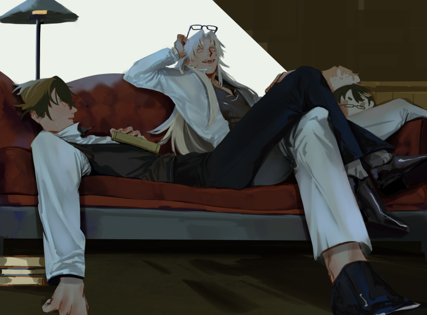 2boys, 855nori, alternate_costume, black-framed_eyewear, black_pants, black_shirt, black_vest, blonde_hair