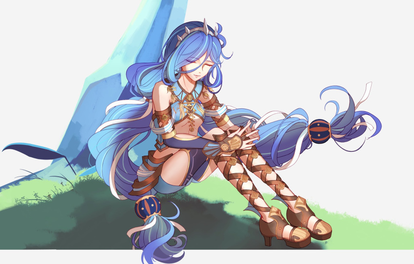1girl, arm_guards, blue_hair, crown, dana_(ys), full_body, grass, hair_between_eyes