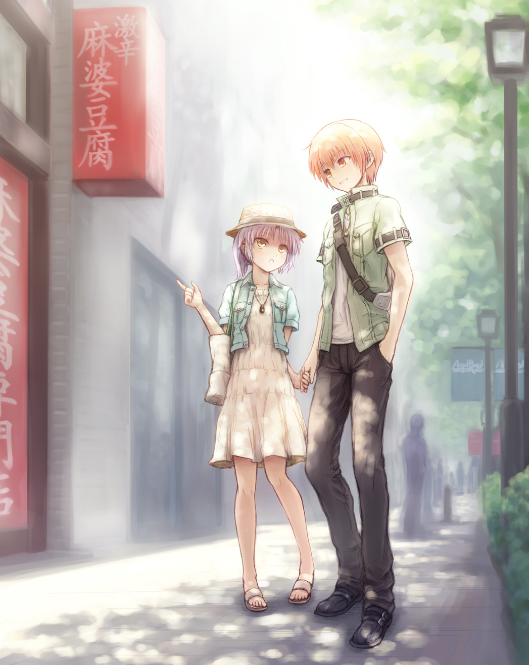 1girl, angel_beats!, casual, couple, hat, height_difference, highres, holding_hands, kuinji_51go, otonashi_(angel_beats!), spoilers, tachibana_kanade
